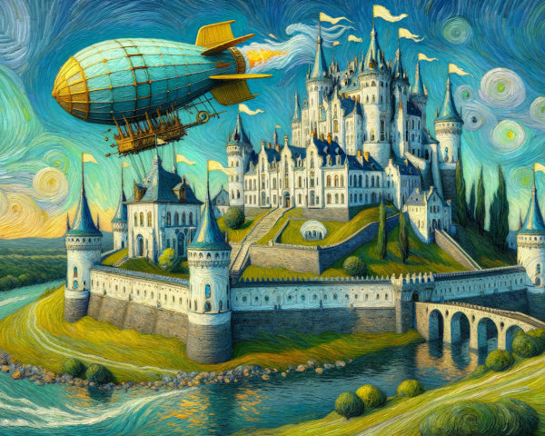 Whimsical Landscape with Castle and Airship Elements