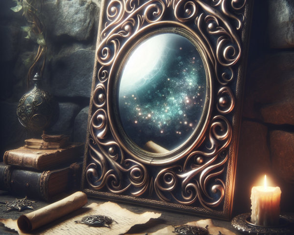 Ornate Mirror Reflecting Cosmic Scene on Rustic Table