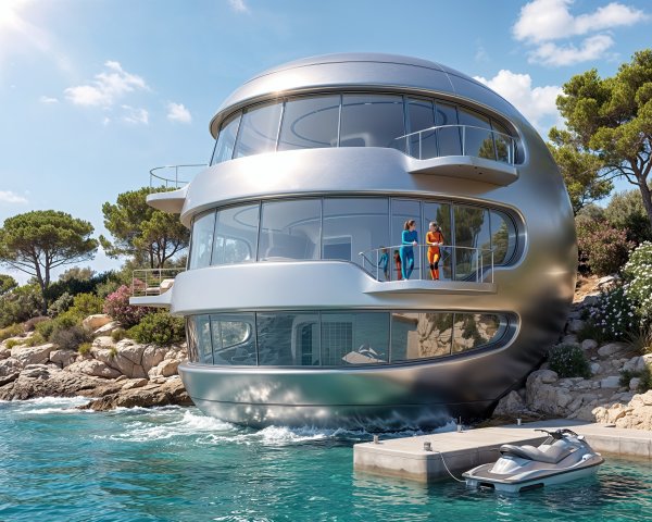 Futuristic Orb-Shaped House on Rocky Coastline