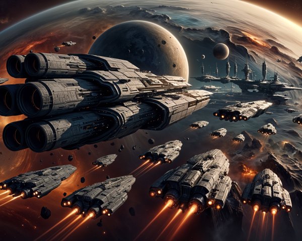 Futuristic Space Scene with Sleek Spacecraft Fleet