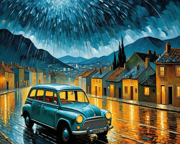 Vintage Blue Car on Rainy Cobblestone Street Scene