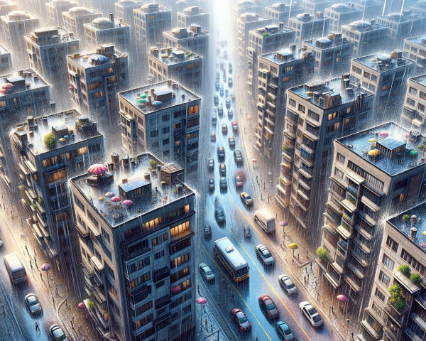 Urban Landscape Transformed by Heavy Rain and Reflections