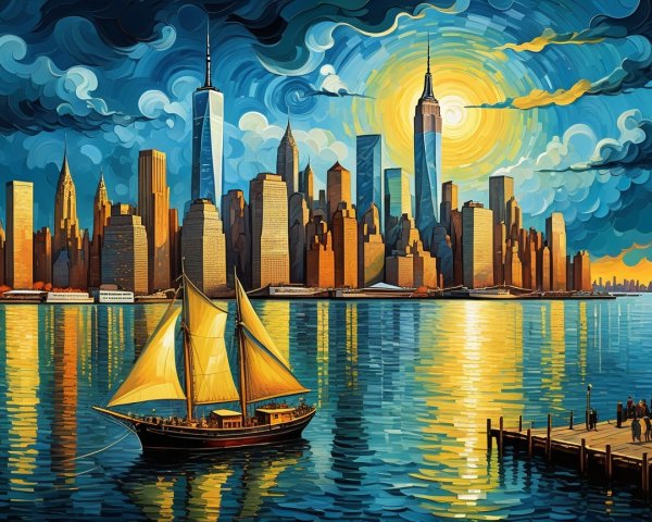 Vibrant Sunset Over New York City Skyline and Water