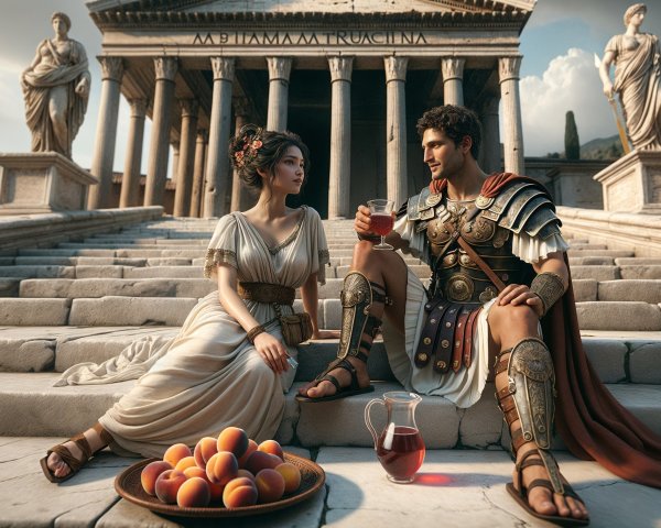 Roman Soldier and Woman at Ancient Temple Steps