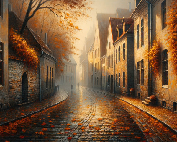 Autumn Scene of a Cobblestone Street in a Village
