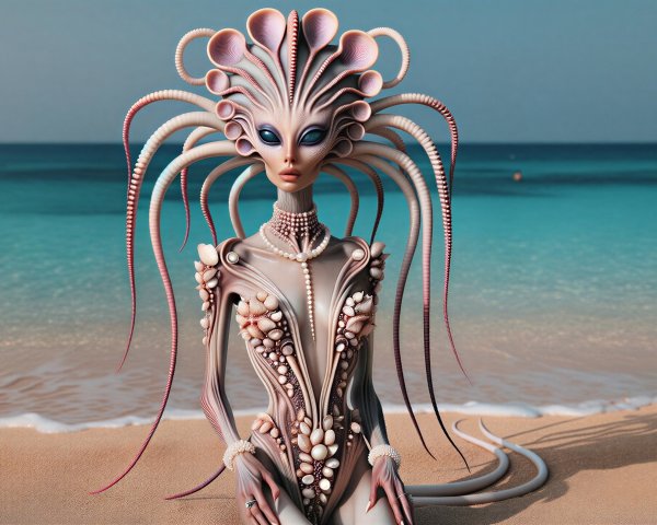 Surreal Alien Figure on a Sandy Beach with Turquoise Waters