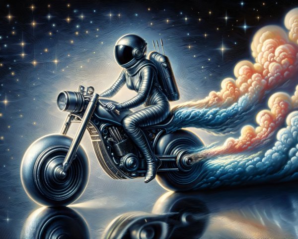 Futuristic Motorcyclist in Cosmic Landscape with Motorcycle