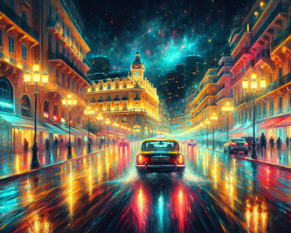 Vibrant Night City Scene with Illuminated Streetlights