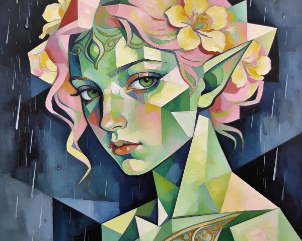 Colorful Cubist Elf Painting with Abstract Background