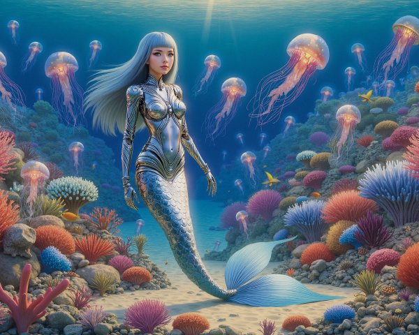 Futuristic Mermaid in Colorful Underwater Scene