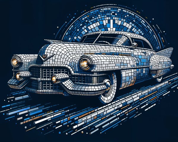 Retro Mosaic Art of a Classic Cadillac in Motion