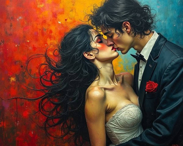 Couple in Tender Kiss Against Vibrant Background
