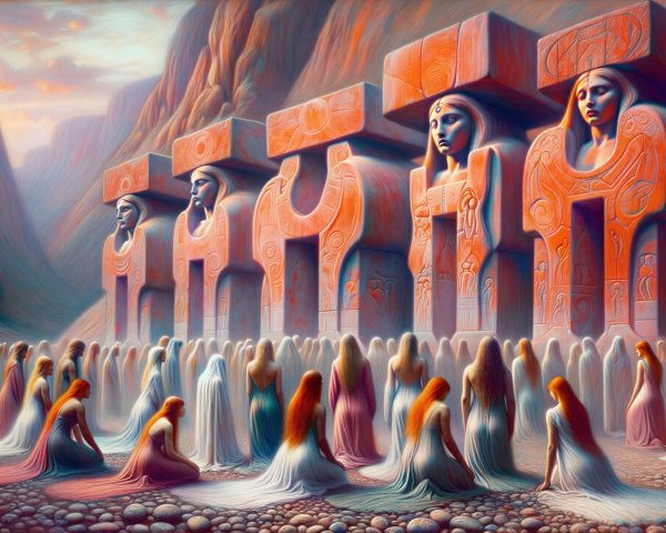 Ancient Stone Sculptures and Ethereal Women in Valley