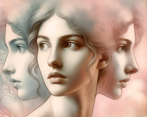 Stylized Portrait of a Woman with Three Profiles