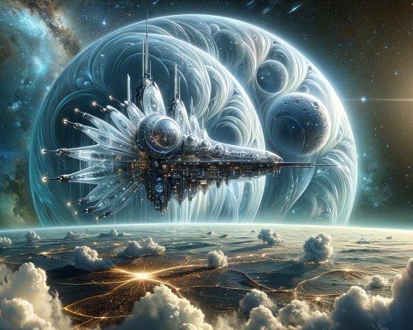 Majestic Space Station Amid Swirling Gases and Planets