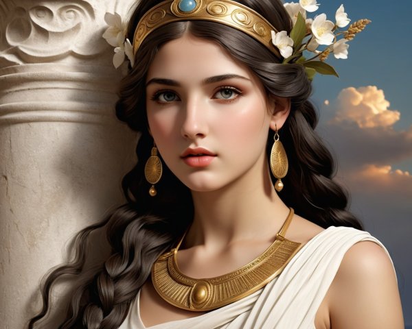 Young woman in white gown with floral crown and gold