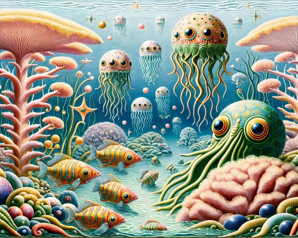 Whimsical Underwater Scene with Vibrant Sea Life