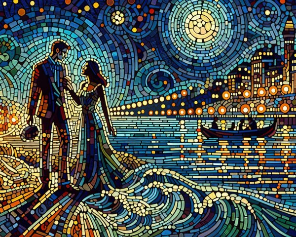 Mosaic Scene of a Couple by Moonlit Water