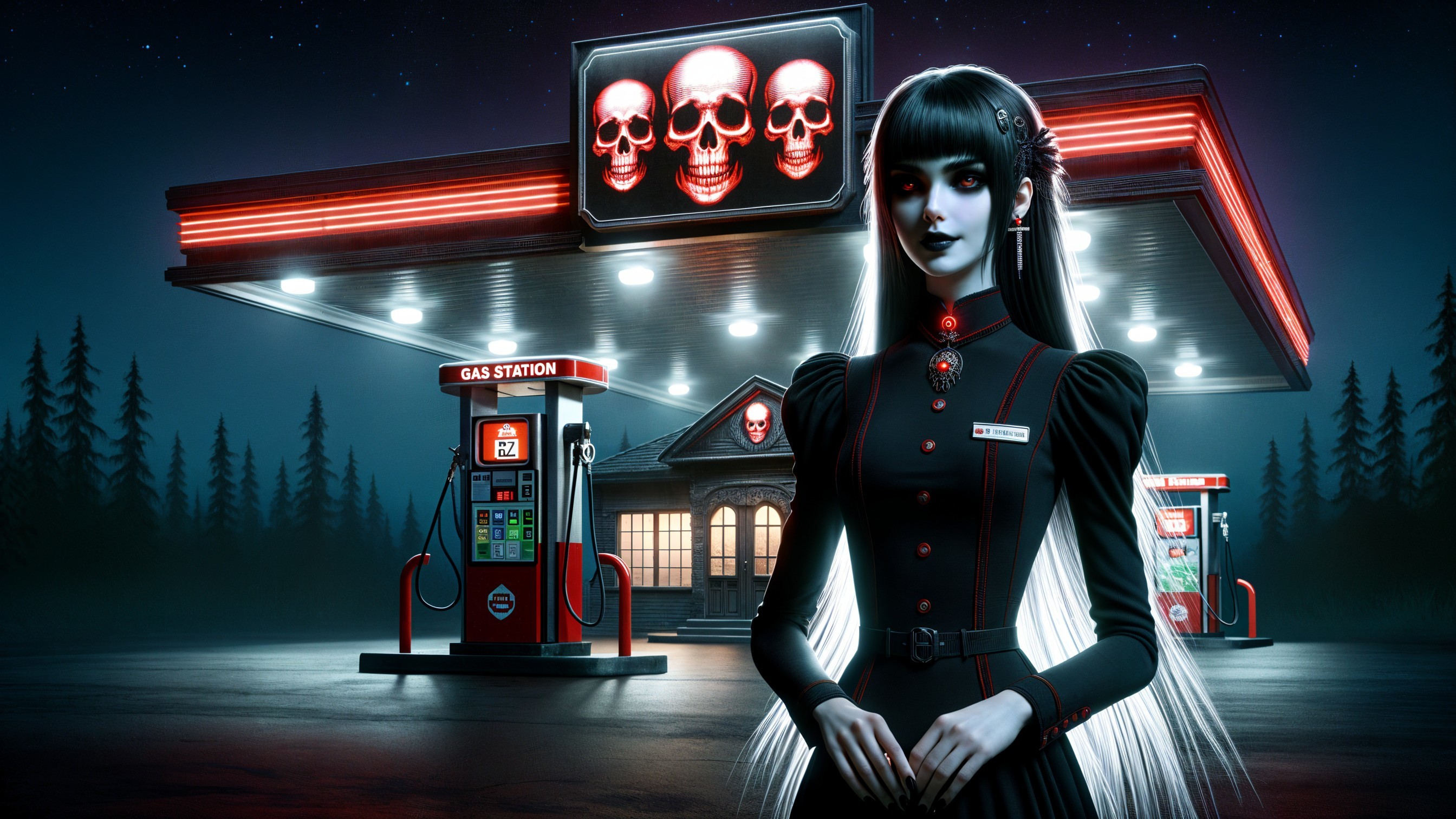 Gothic Gas Station Under Night Sky with Haunting Elements