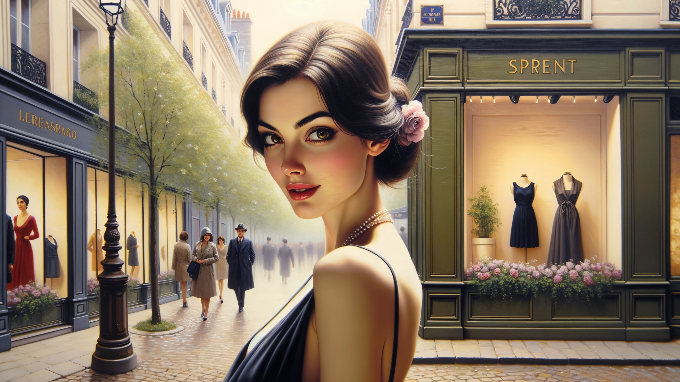 Stylish Woman with Flower in Elegant Cobblestone Scene