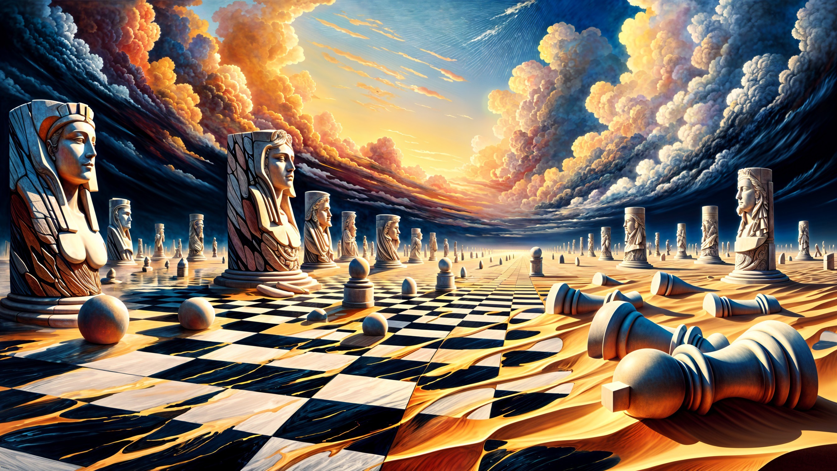 Surreal Chess Landscape with Dramatic Sky and Statues