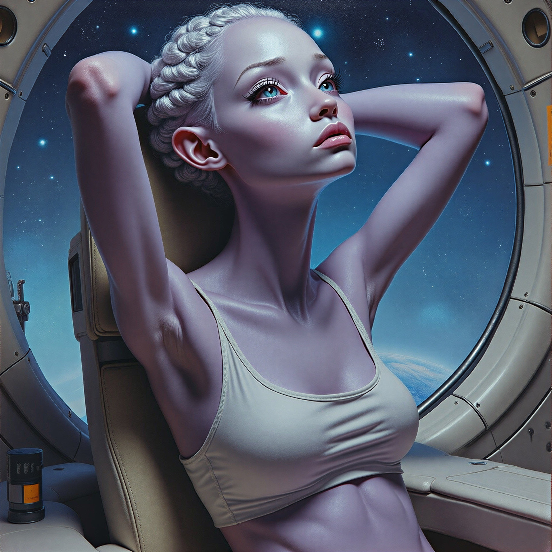 Serene figure in futuristic spacecraft with starry view