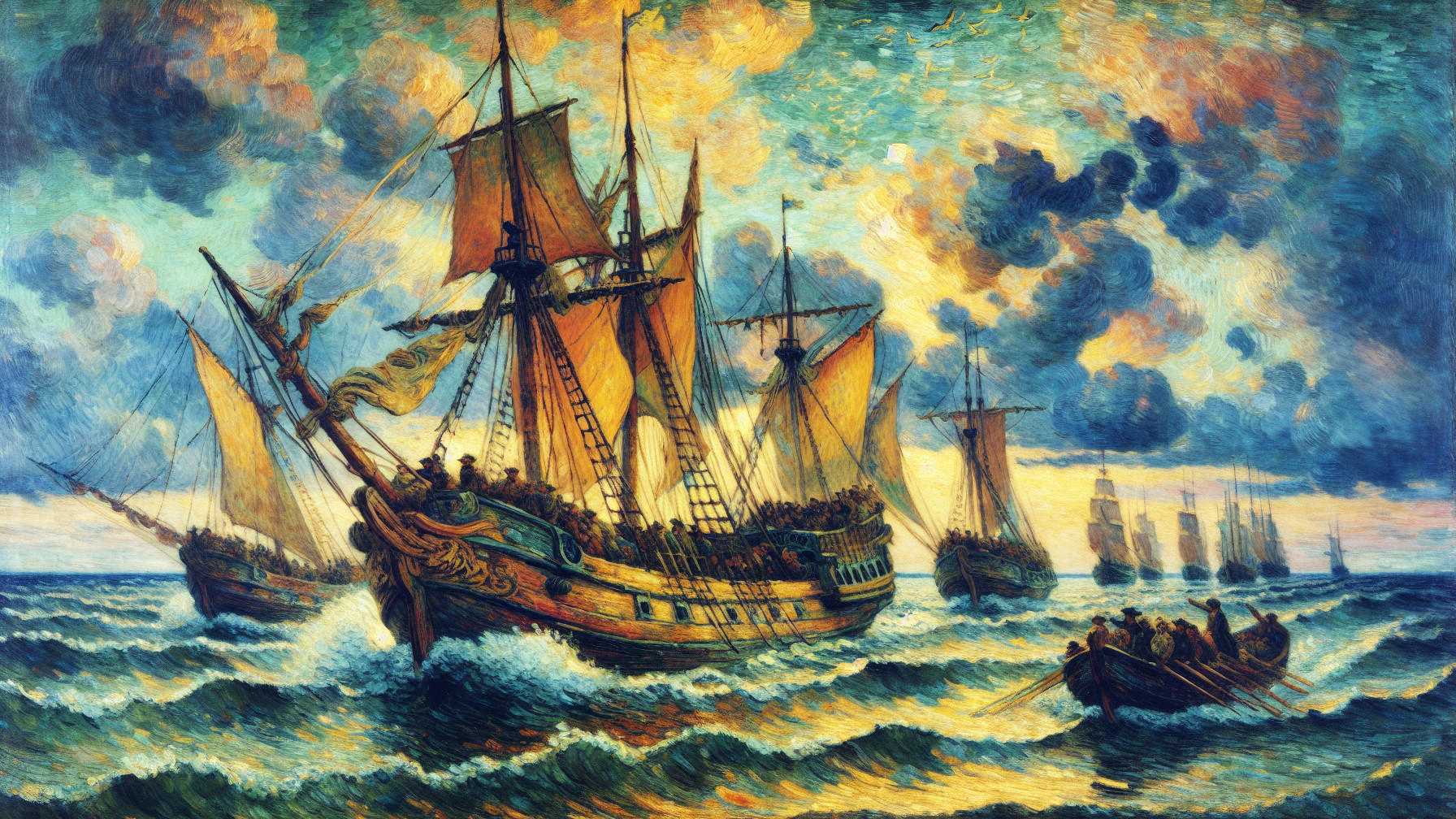 Dramatic Seascape with Sailing Ships and Vibrant Sky