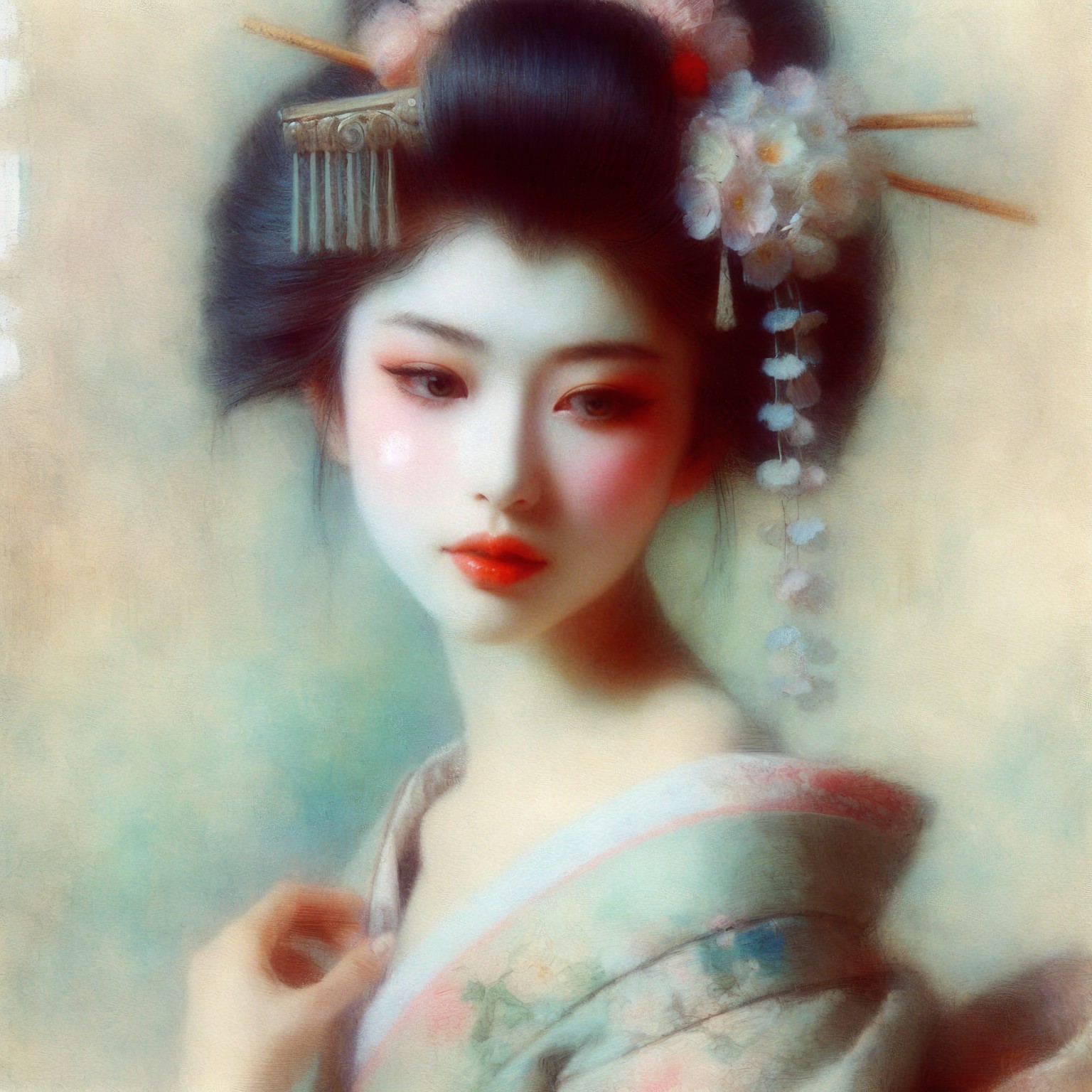 Young Woman in Traditional Japanese Attire with Blossoms