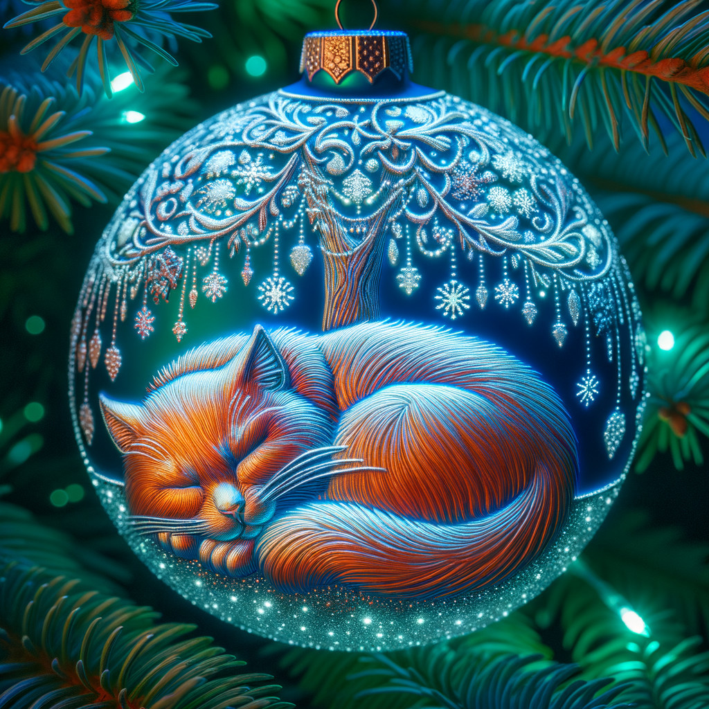 Christmas Ornament with Sleeping Cat and Pine Branches