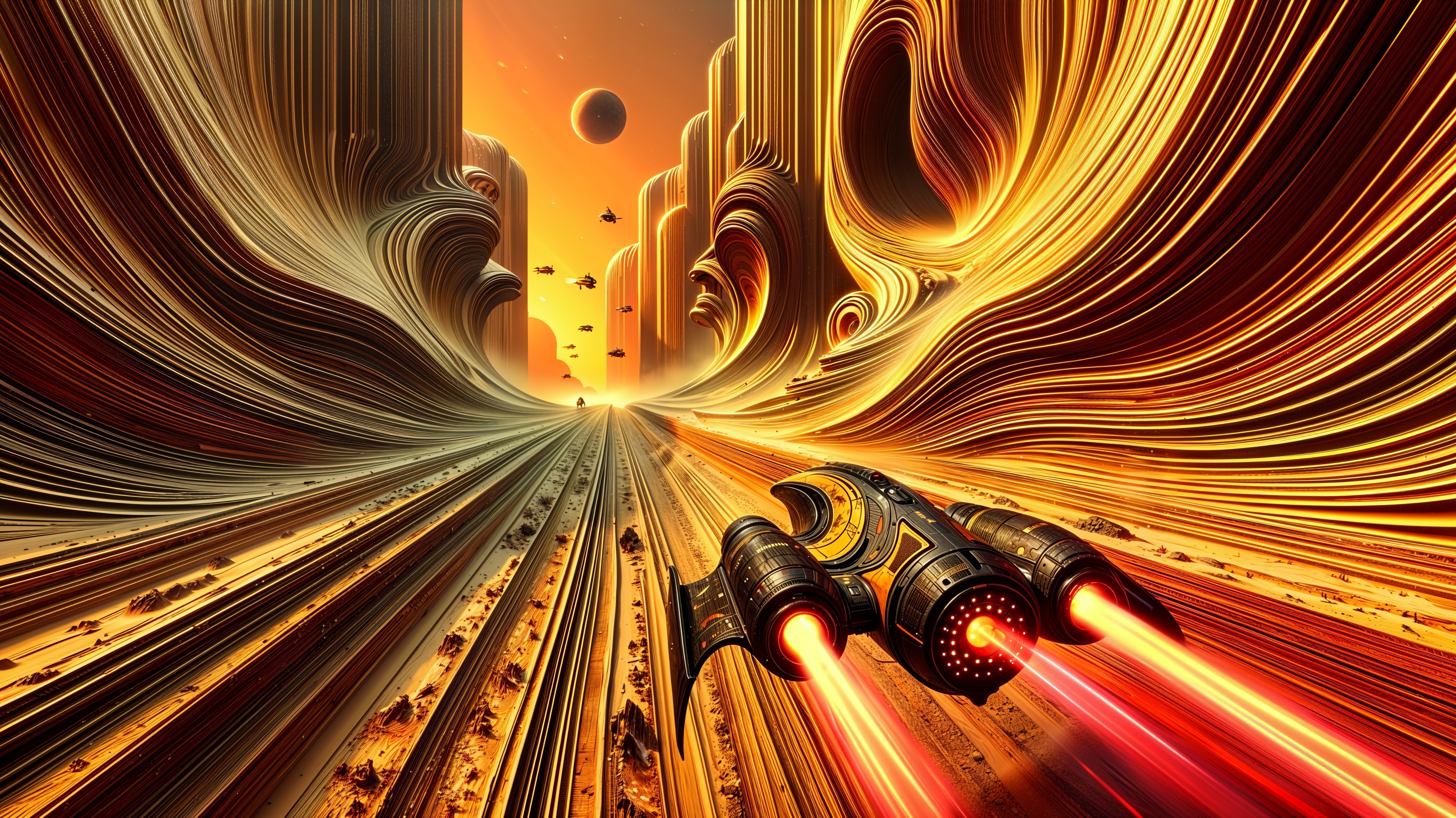 Sleek Spaceship in Vibrant Abstract Cosmic Landscape