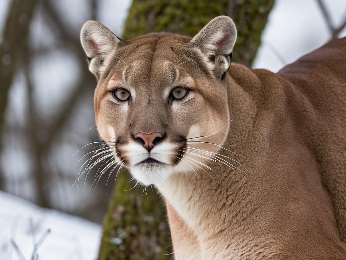 Mountain Lion Close-Up in Snowy Wilderness Setting
