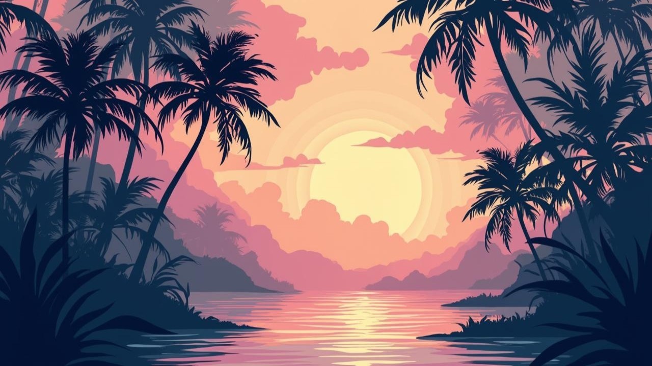 Tropical Sunset Landscape with Silhouetted Palm Trees