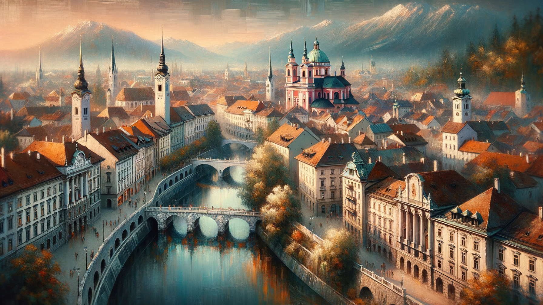 Picturesque cityscape with colorful buildings and mountains
