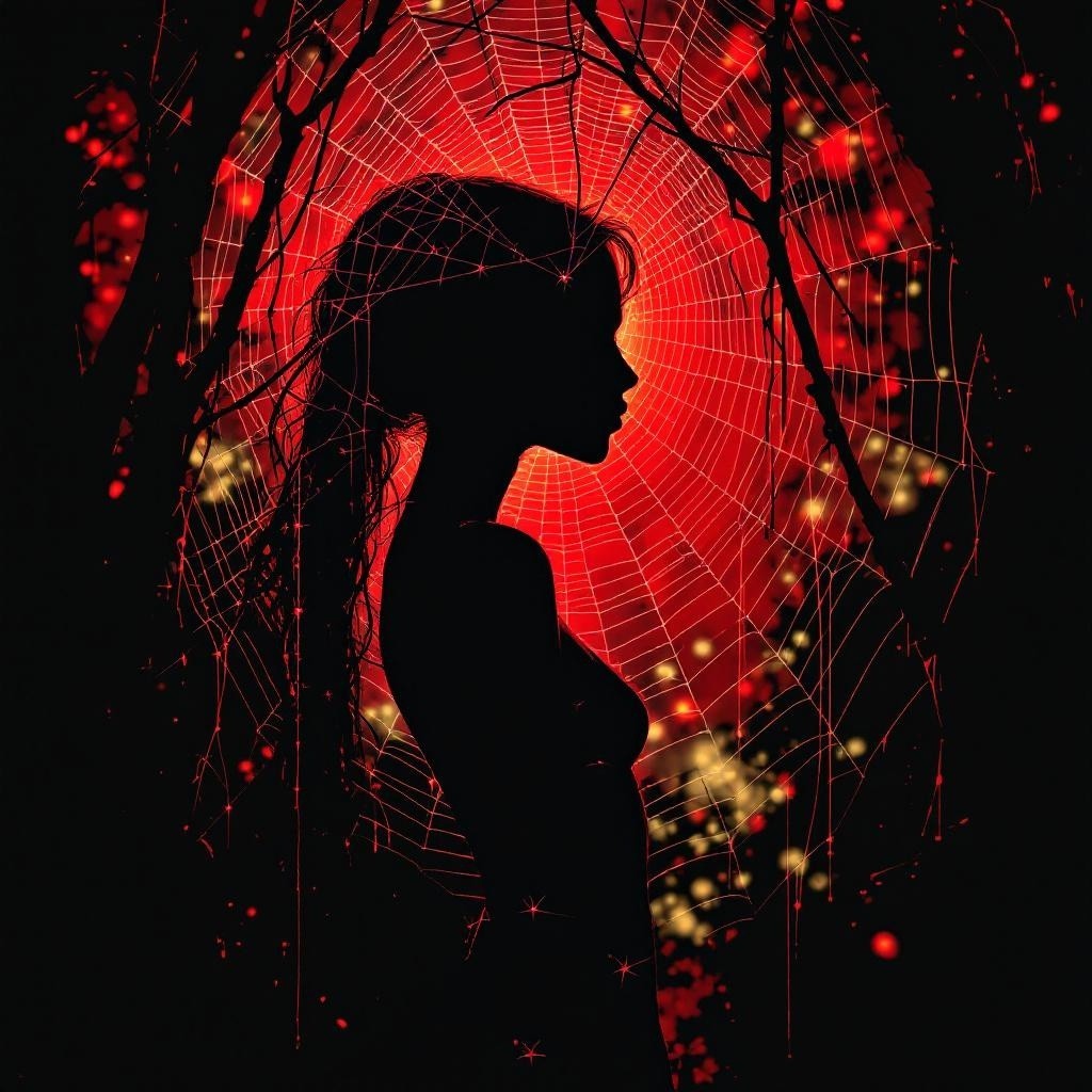 Silhouette of a Woman with Spider Webs on Red Background