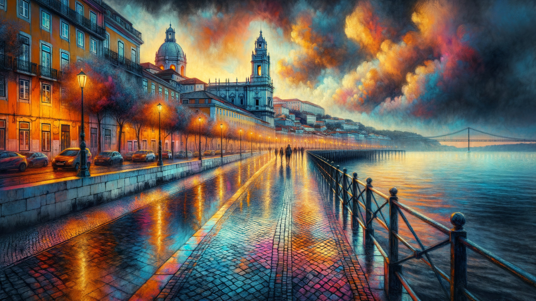 Twilight Waterfront Scene with Historic Buildings