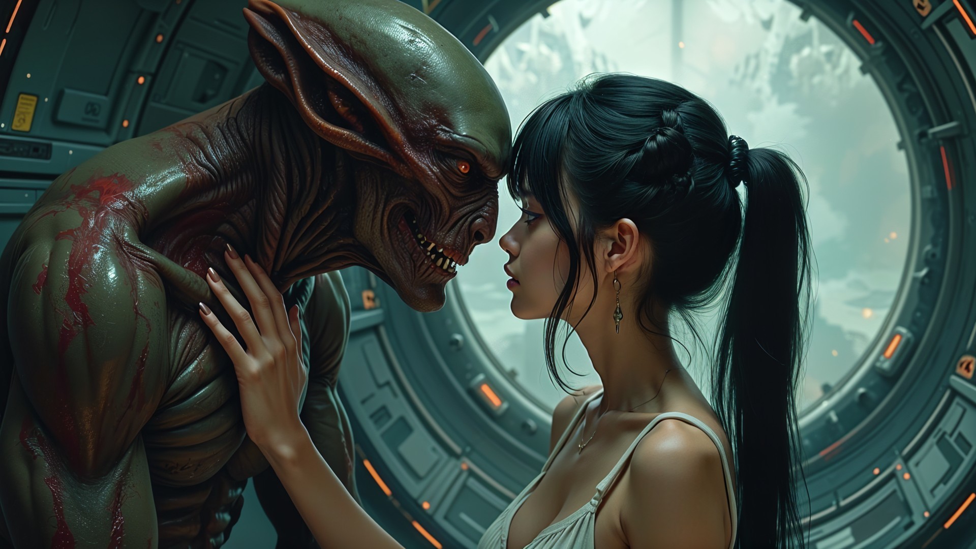 Futuristic Standoff Between Alien and Young Woman