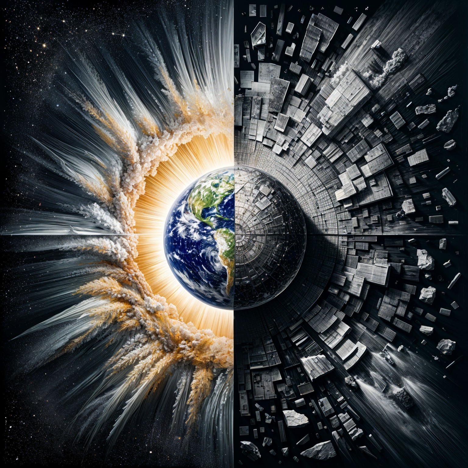 Juxtaposition of Chaos and Futuristic Dystopia