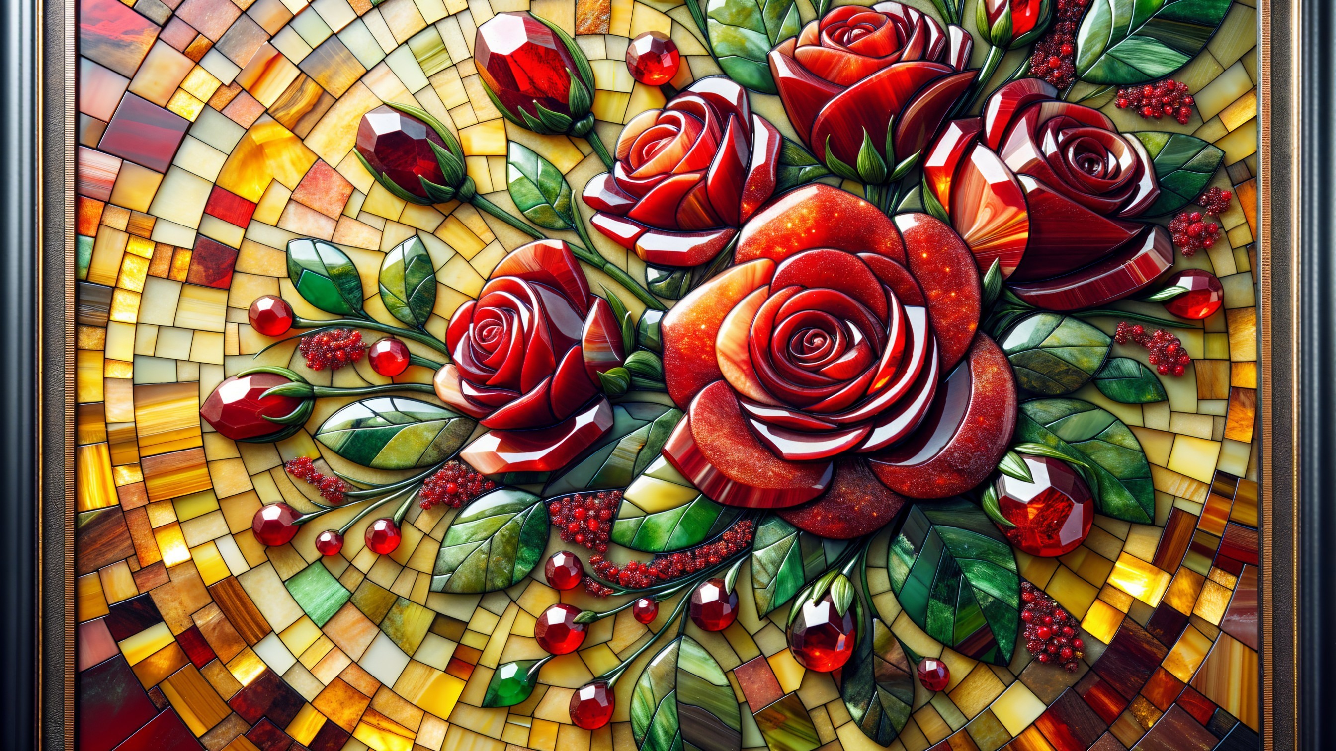 Vibrant Glass Mosaic of Red Roses and Green Leaves