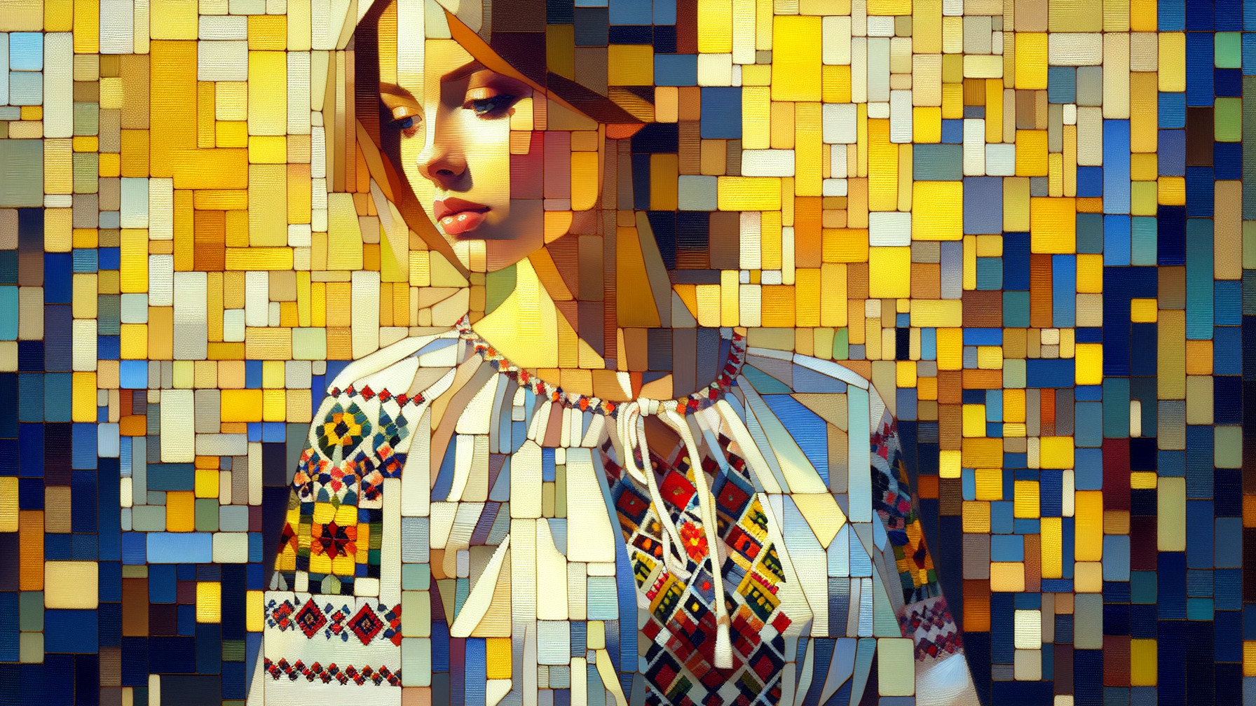 Young Woman in Embroidered Blouse with Mosaic Background