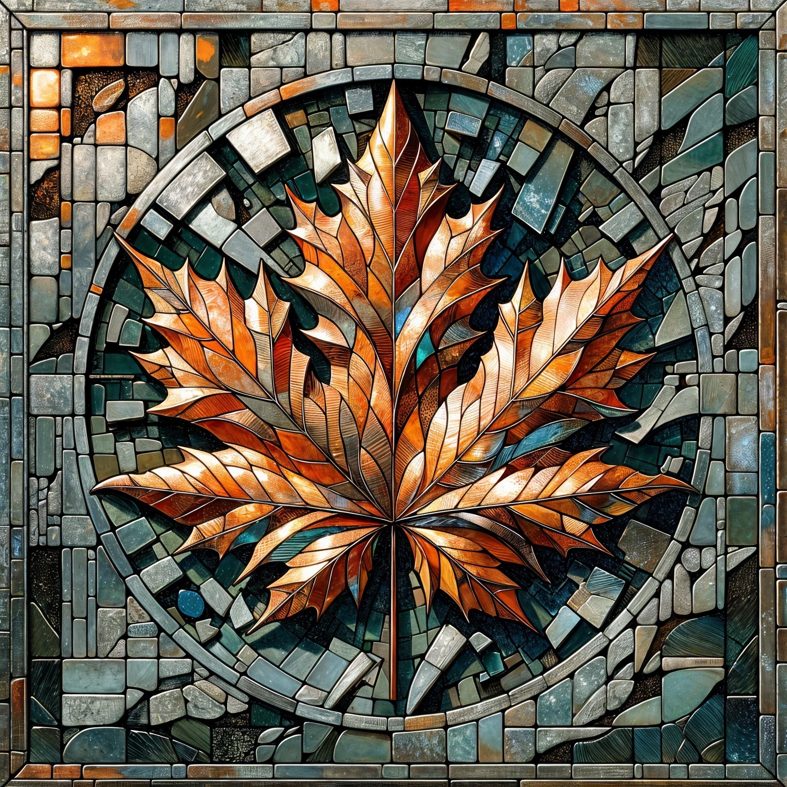 Vibrant Stained Glass Design with Maple Leaf Motif