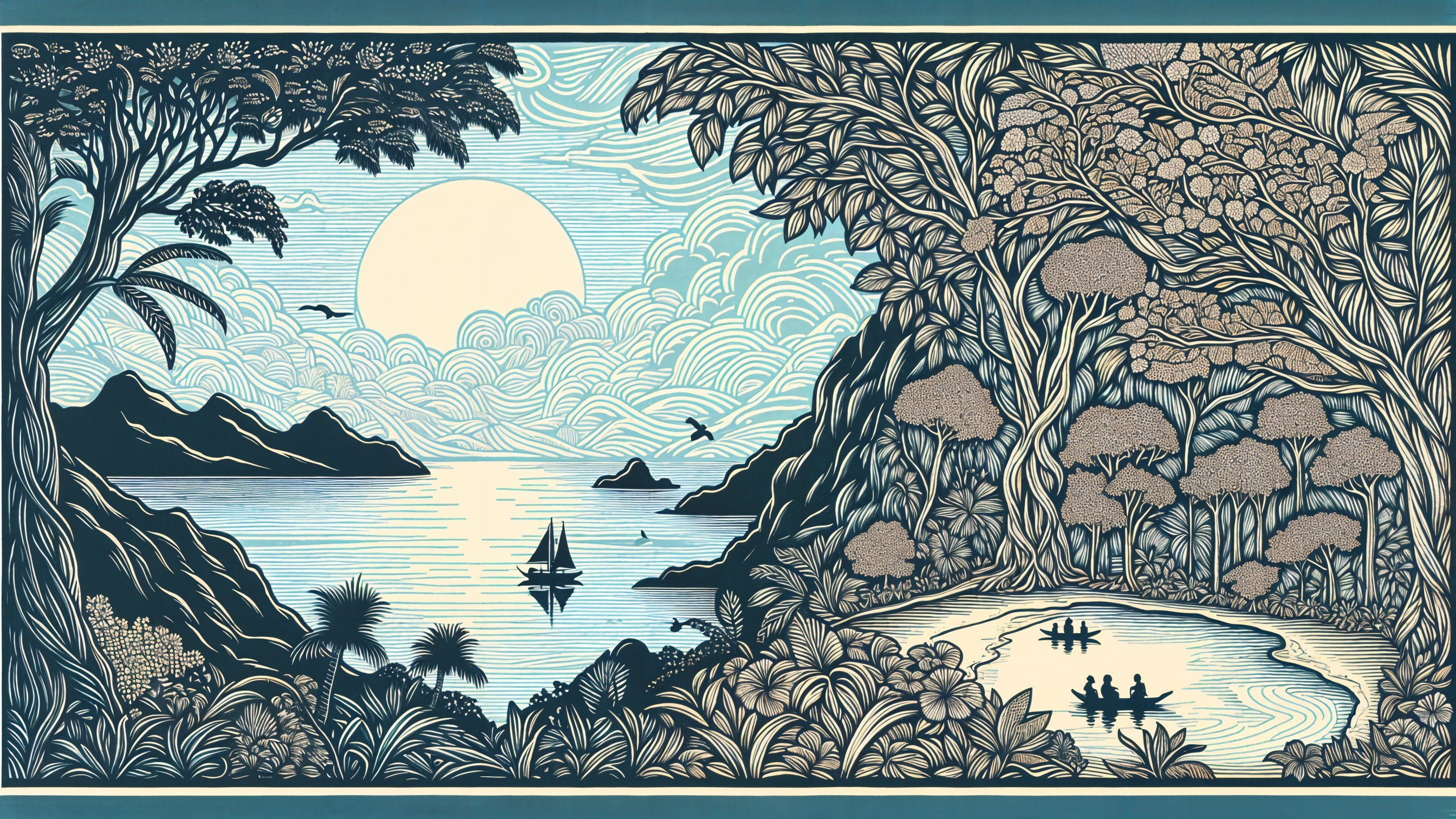 Serene Coastal Landscape with Calm Sea and Lush Greenery