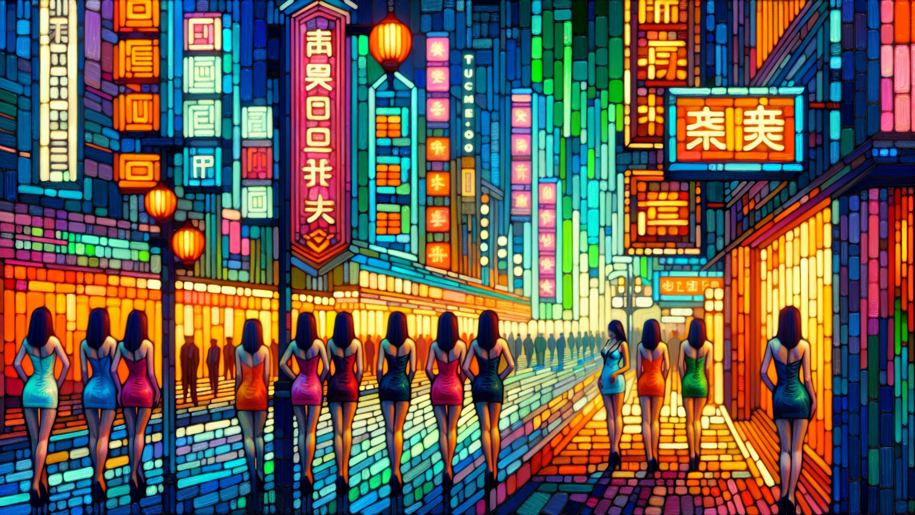 Vibrant Neon-Lit Street Scene in Bustling City