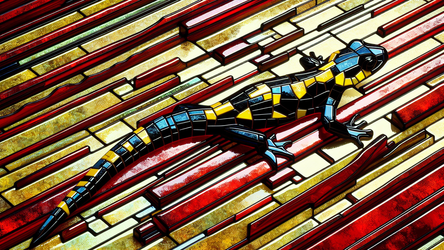 Vibrant Stained Glass Lizard Design in Blue and Yellow