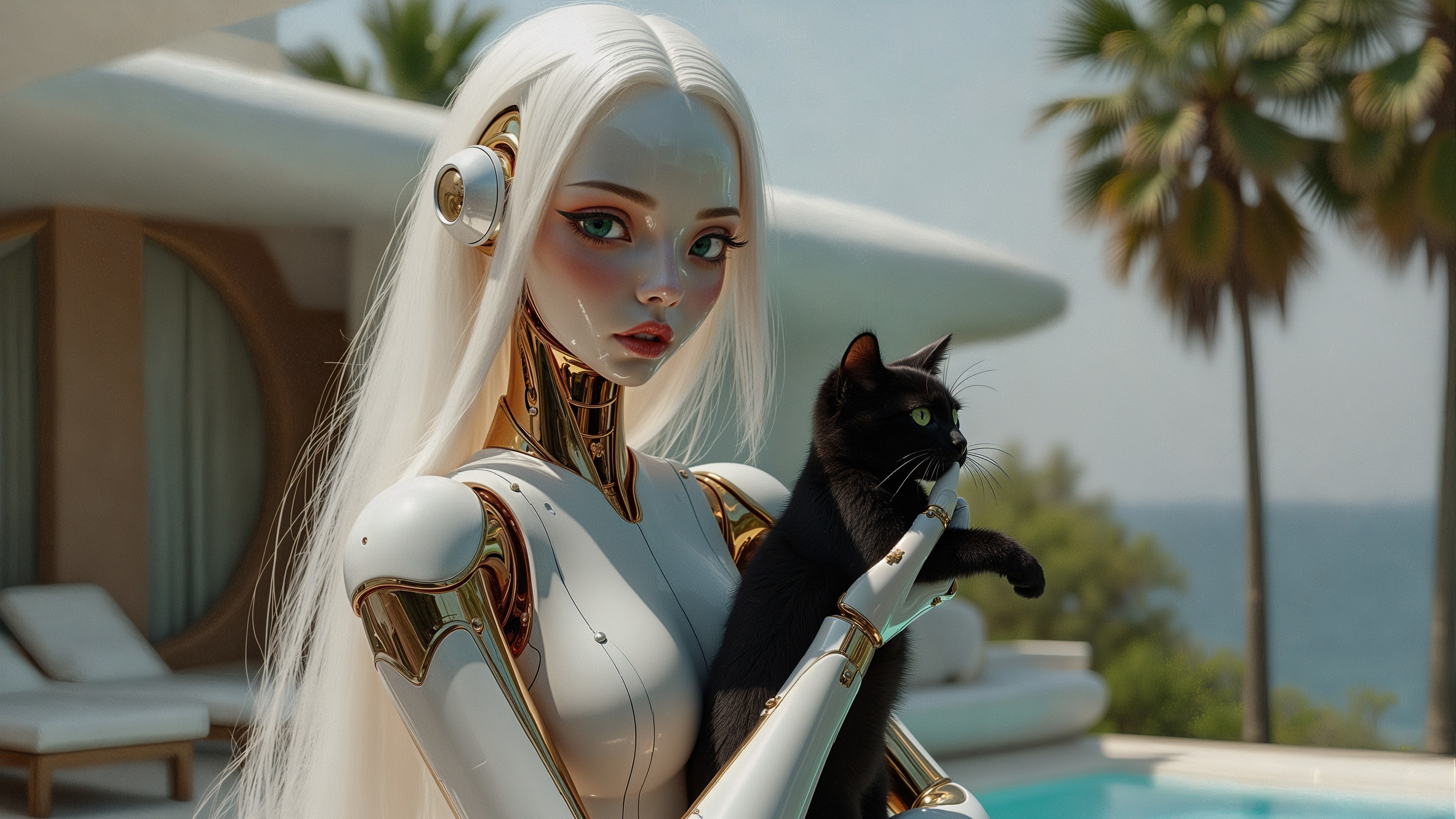 Futuristic Robot Woman by Luxurious Pool with Cat