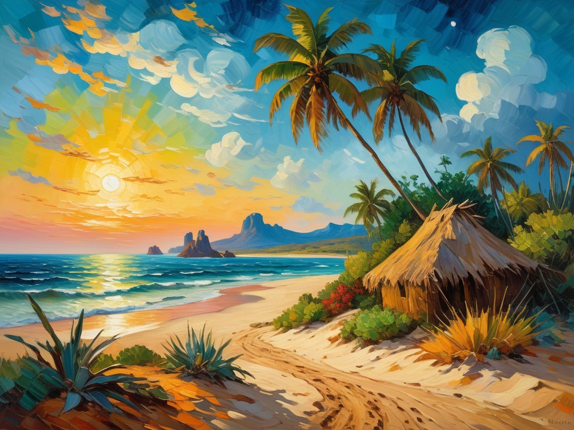Impressionistic Tropical Beach Scene at Sunset