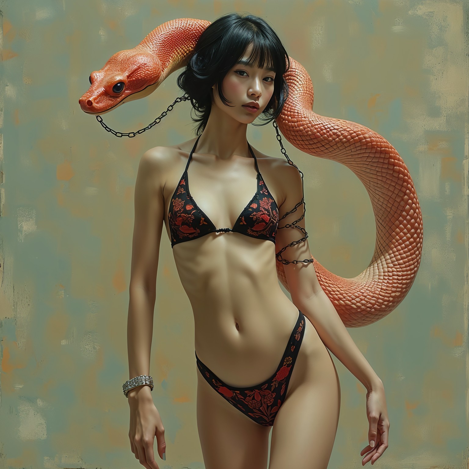 Woman in Black Floral Bikini with Orange Snake