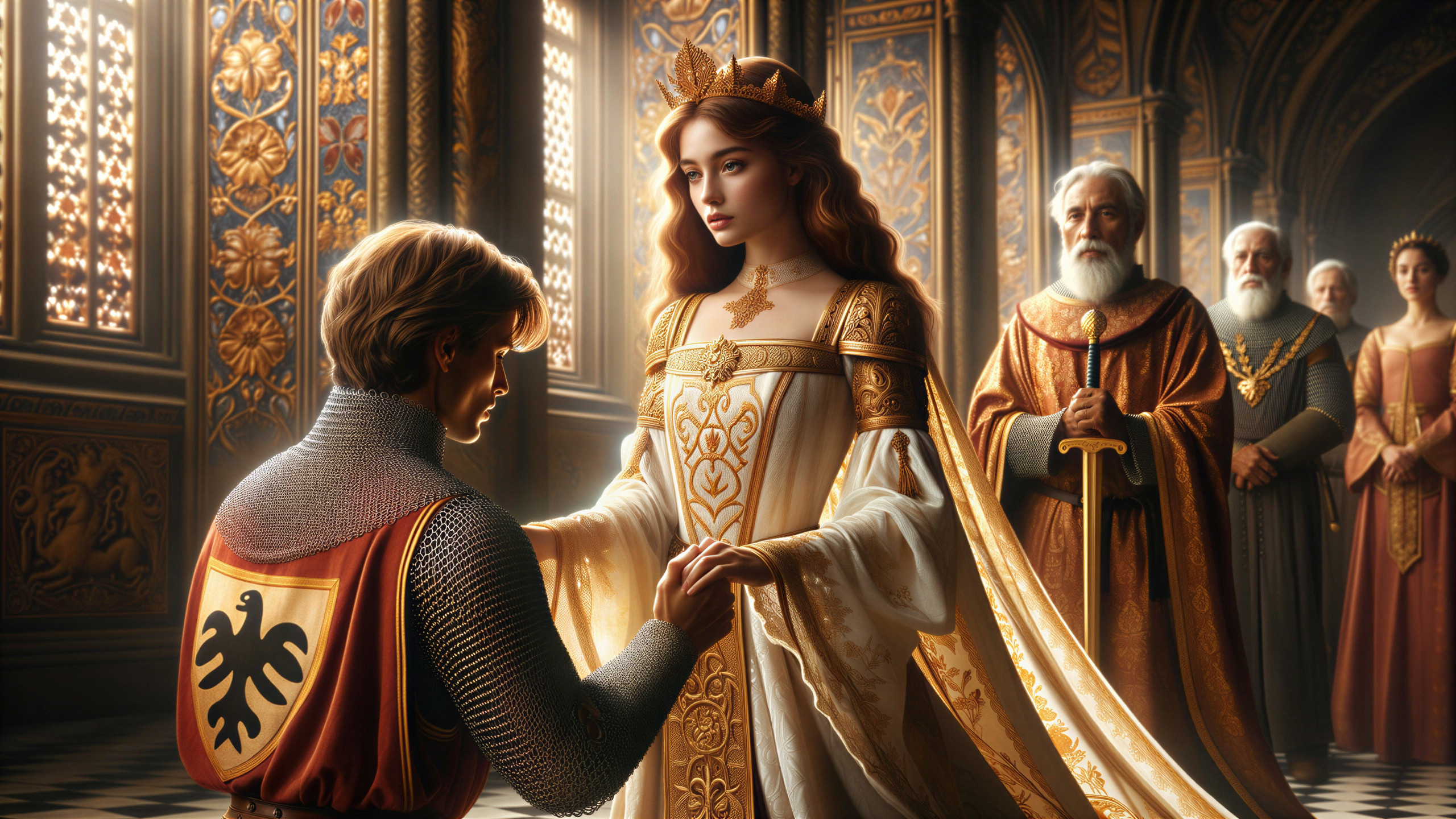 Knight and Queen in Lavish Royal Chamber Scene