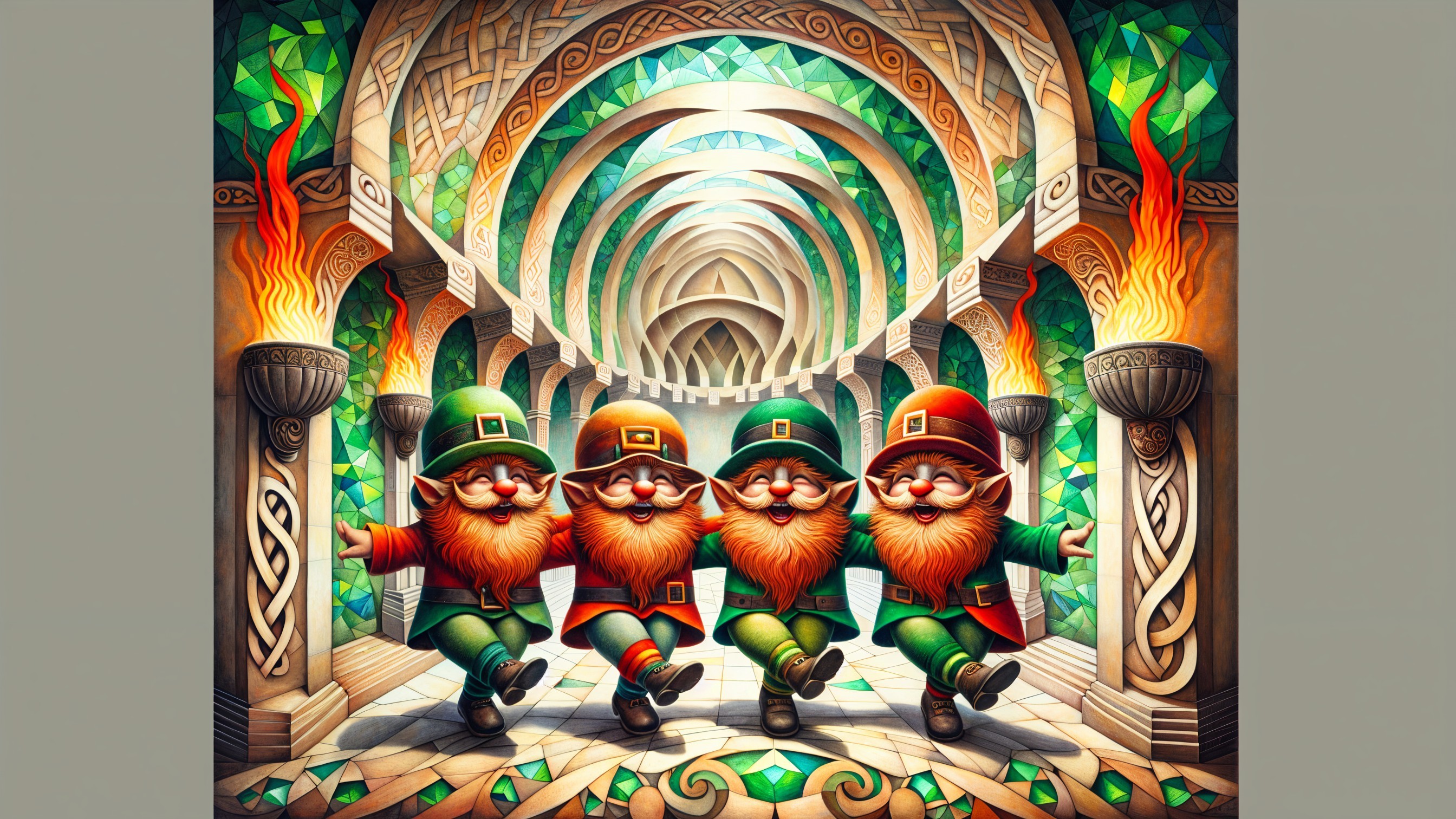 Cheerful Gnomes Dancing in an Ornate Hall
