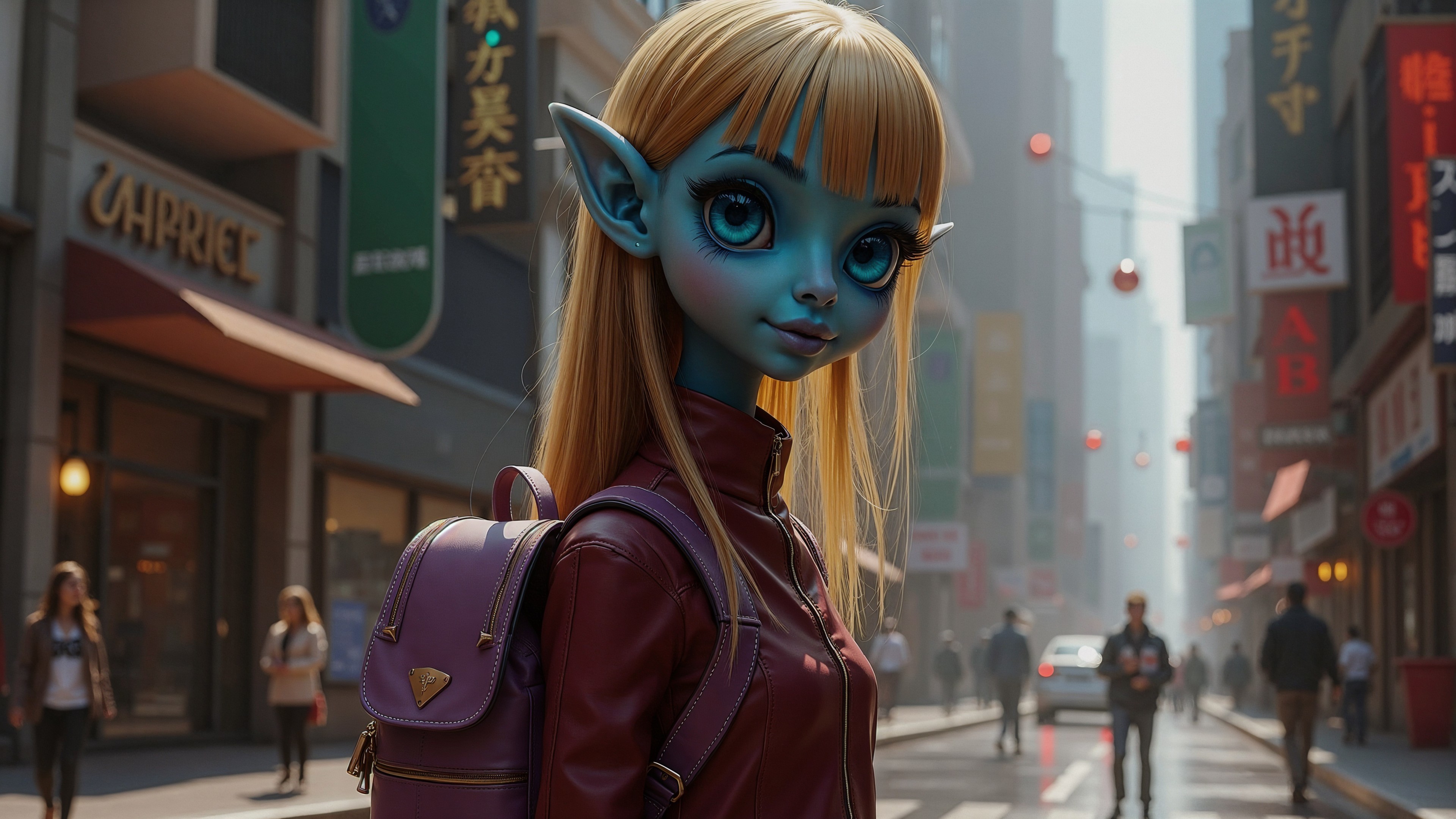 Vibrant Doll with Blue Skin in Urban City Scene