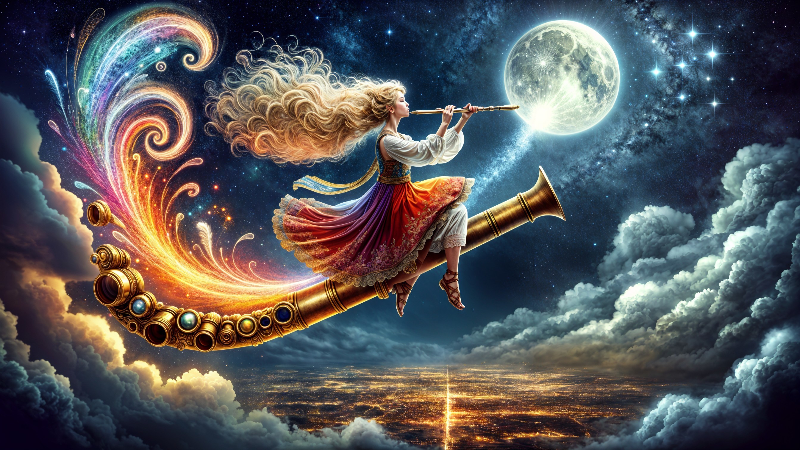 Whimsical Girl Playing Flute Under Starry Night Sky